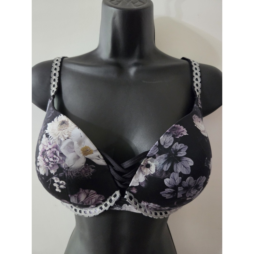Torrid XO Plunge Push-Up Ribbon  Black Floral Bra Size 40C